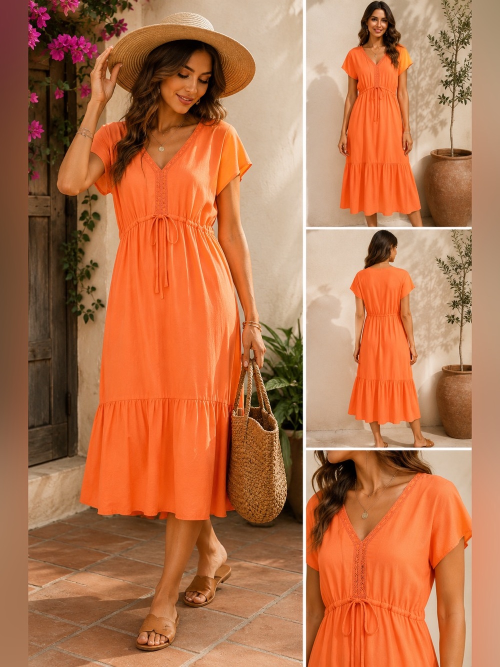 LPB Les Petites Bombes Coral Orange Midi Dress French Boho Drawstring Ruffle M